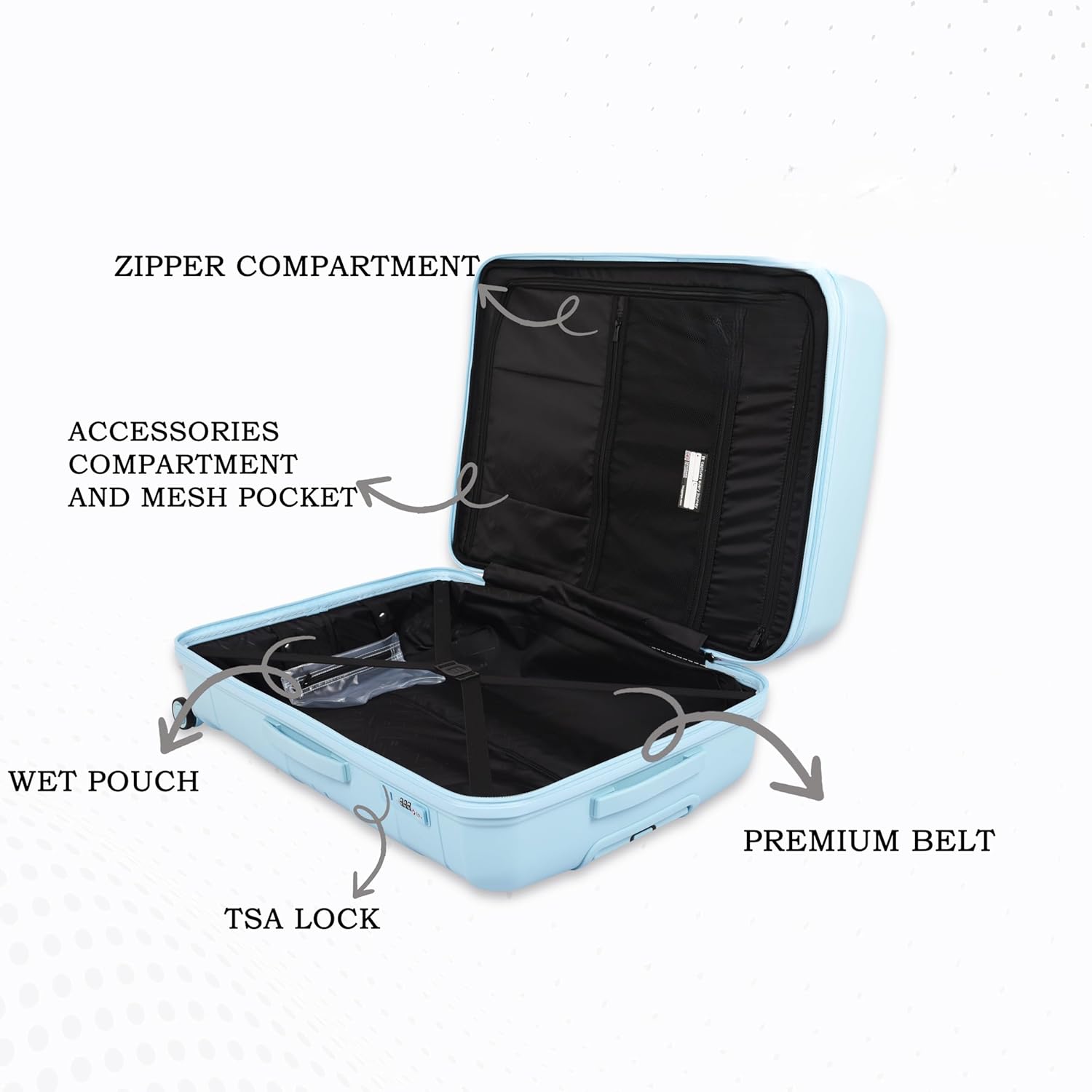 Momentous Sky Blue-20 inches PP Hardsided Fashion Luggage Cabin Trolley with Padded Laptop Section 8 Wheel with TSA Lock & Wet Pouch Inside