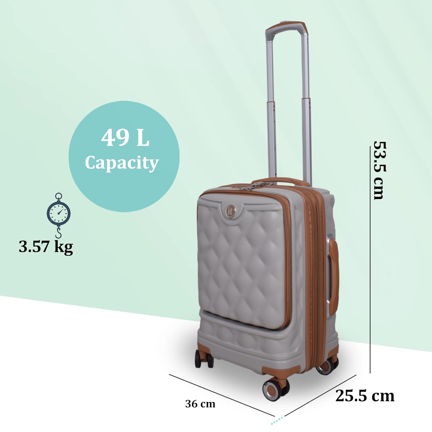 it luggage- Indulging-Light Grey-Cabin-20 inches-with Padded Laptop Section in The Front Expandable Hard Case Beautiful Interior Carry-on Luggage 8 Wheel Trolley Bag