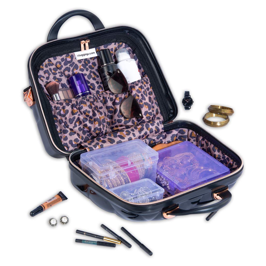 Vanity Case St Tropez -Black with Rose gold trimmings-14 inches Polycarbonate Hard sided Fashion Handbag for Women for Women-36cm Cosmetic Box