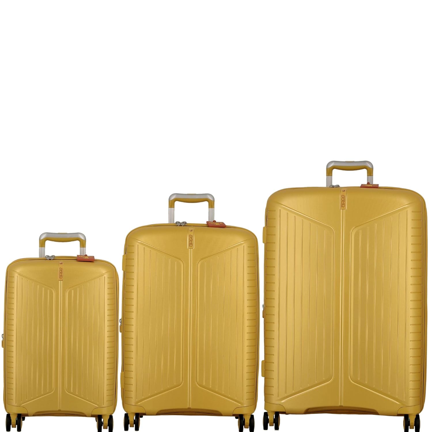 JUMP EVAE- Metallic Yellow-Set of 3-Large, Medium & Cabin-76,66,55cm Expandable Hardsided 8 Wheel Luggage with TSA Lock, Shoe Pouch, Wet Pouch, Laundry Bag and Silicone Name tag
