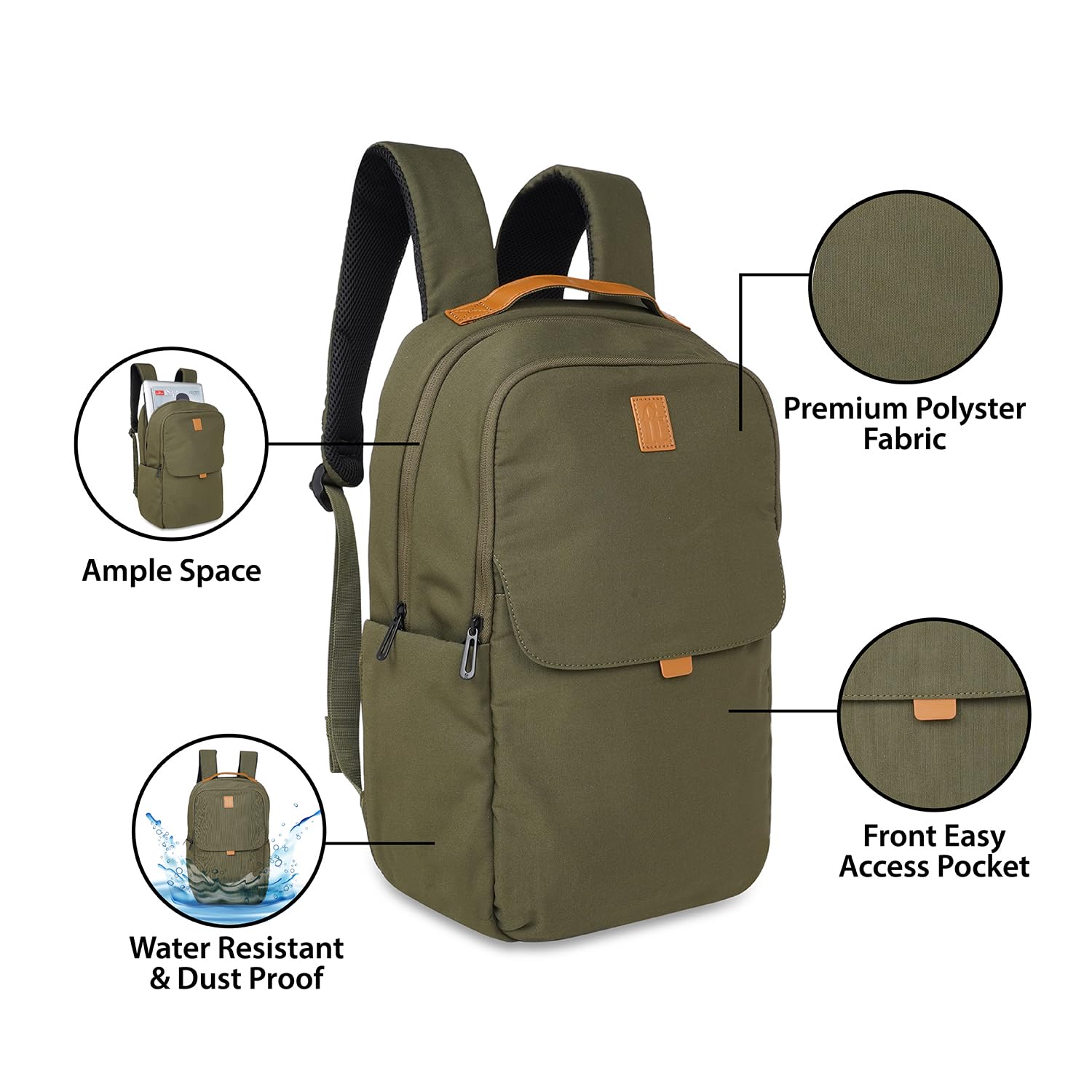 ft Backpack Daily Olive Green with Vegan Leather Trimmings Eco Responsible with two main Compartments Padded Laptop & Ipad section, Organizer, Premium Key holder Fashion Backpack for Men and Women