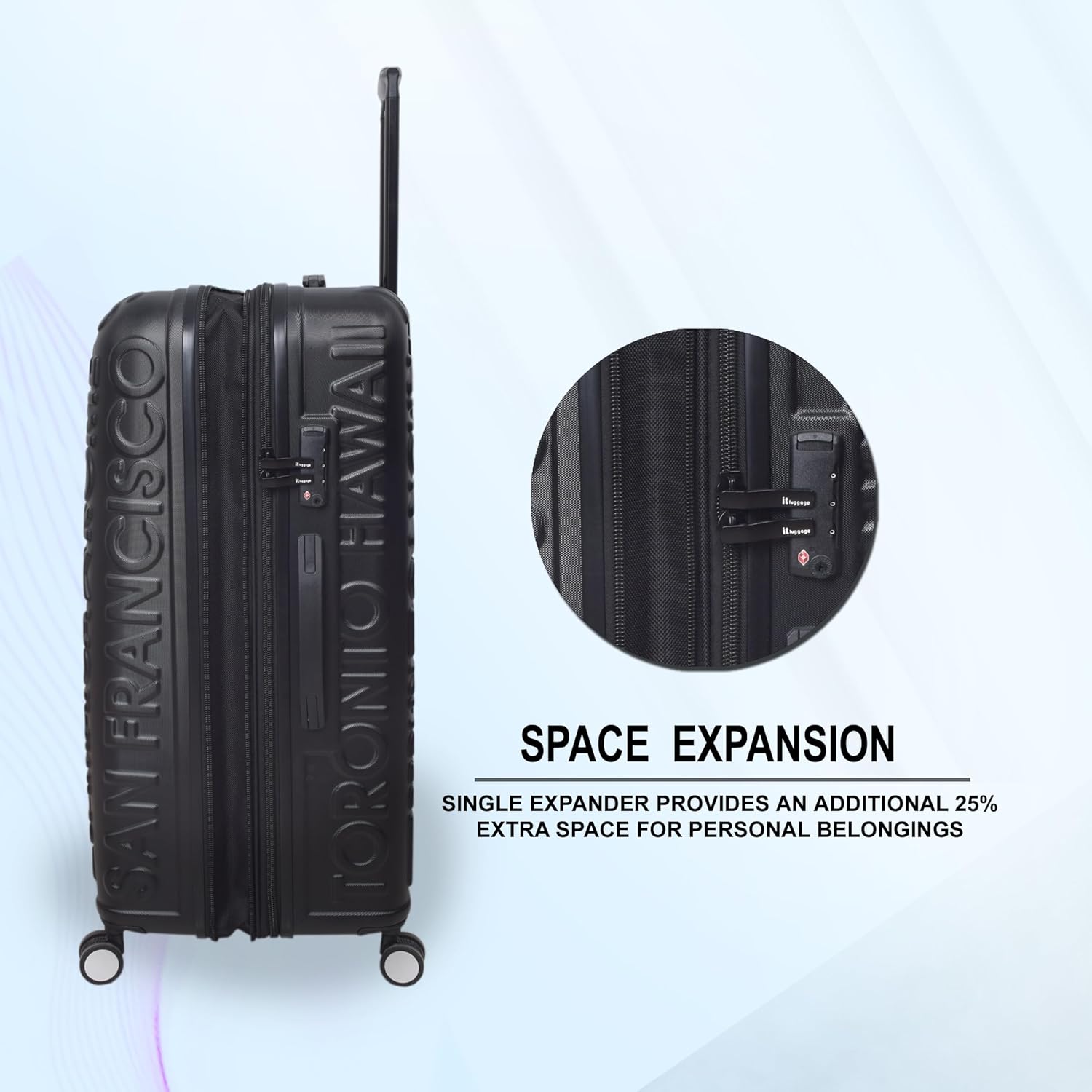 it luggage-Destinations-Black-Set of 2- Medium & Cabin-24 & 20 inches-Expandable Hardsided Suitcase Travel Bag 8 Wheel Trolley Bag with TSA Lock & Wet Pouch Inside