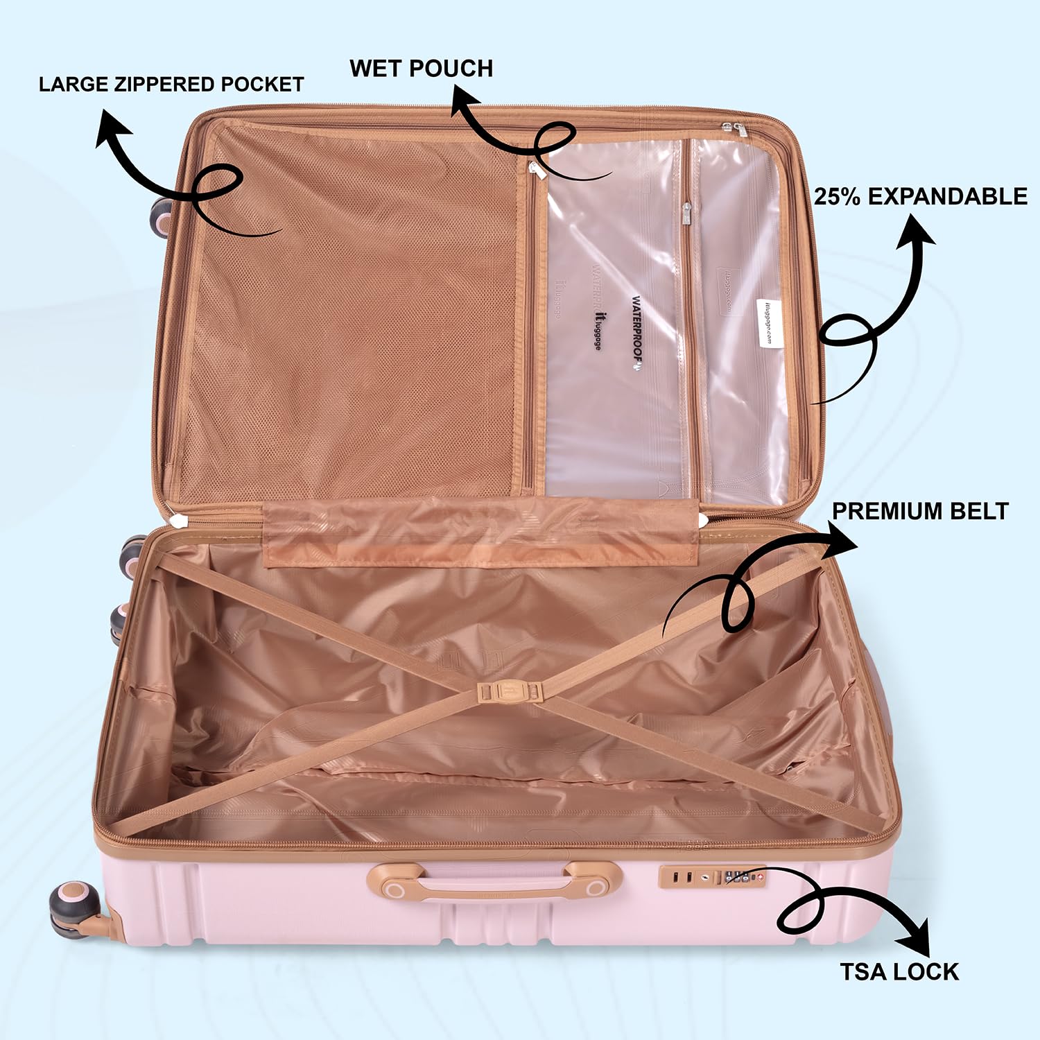 it luggage-Quintessential-Mauve Pink-Set of 3-Large, Medium & Cabin- 28,24,20 inches Expandable Hard Case Beautiful Interior with Wet Pouch Carry-on & Check-in Luggage 8 Wheel Trolley Bag