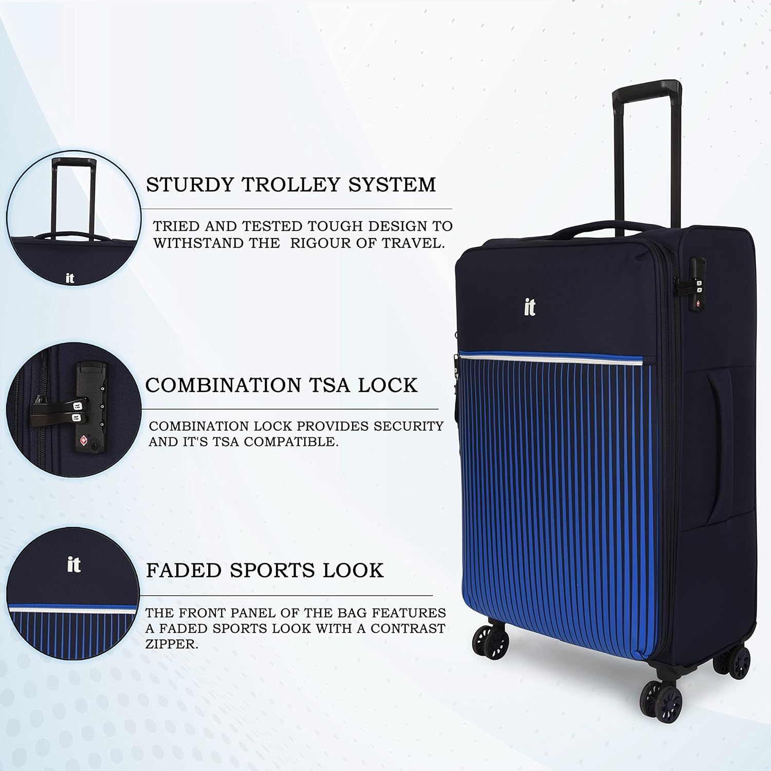 it luggage The Lite-Blue- Set of 3-Large, Medium & Cabin-20,24,28 inches Expandable Softsided with TSA Lock 8 Wheel Trolley Bag