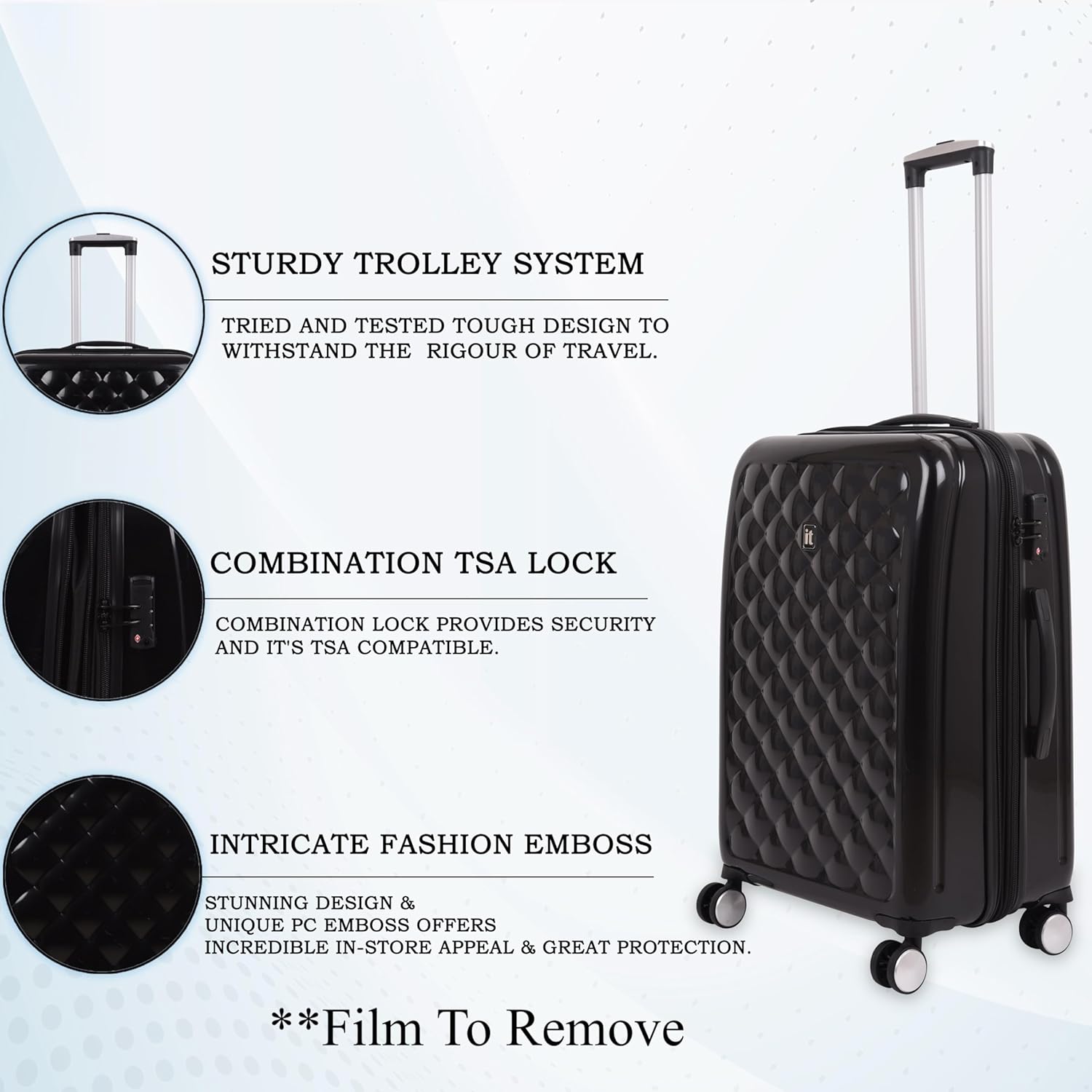 it luggage Fashionista Glossy Black Cabin-20 inches Expandable PC Hardsided with TSA Lock 8 Wheel Trolley Bag