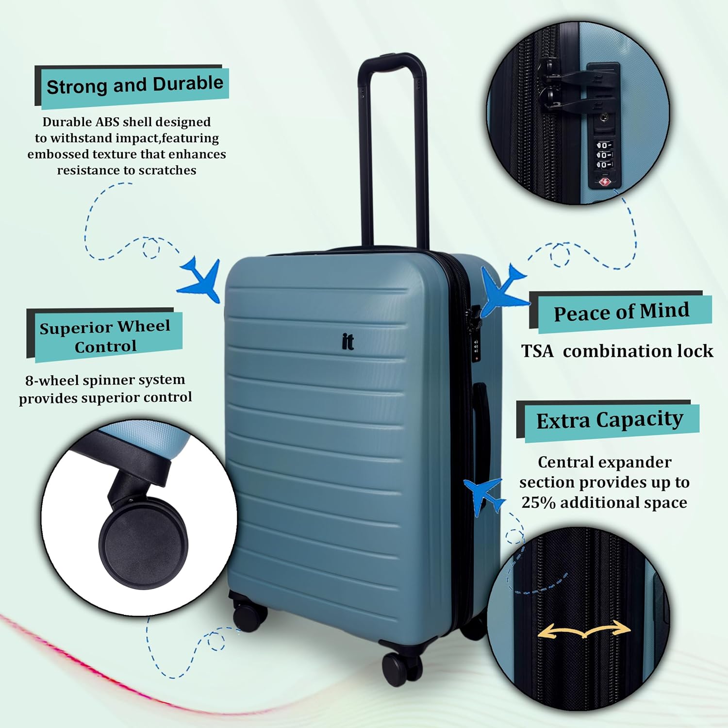 it luggage Legion Smoke Blue- Large -80 cms Expandable Hardsided 8 Wheel Trolley Luggage with TSA Lock