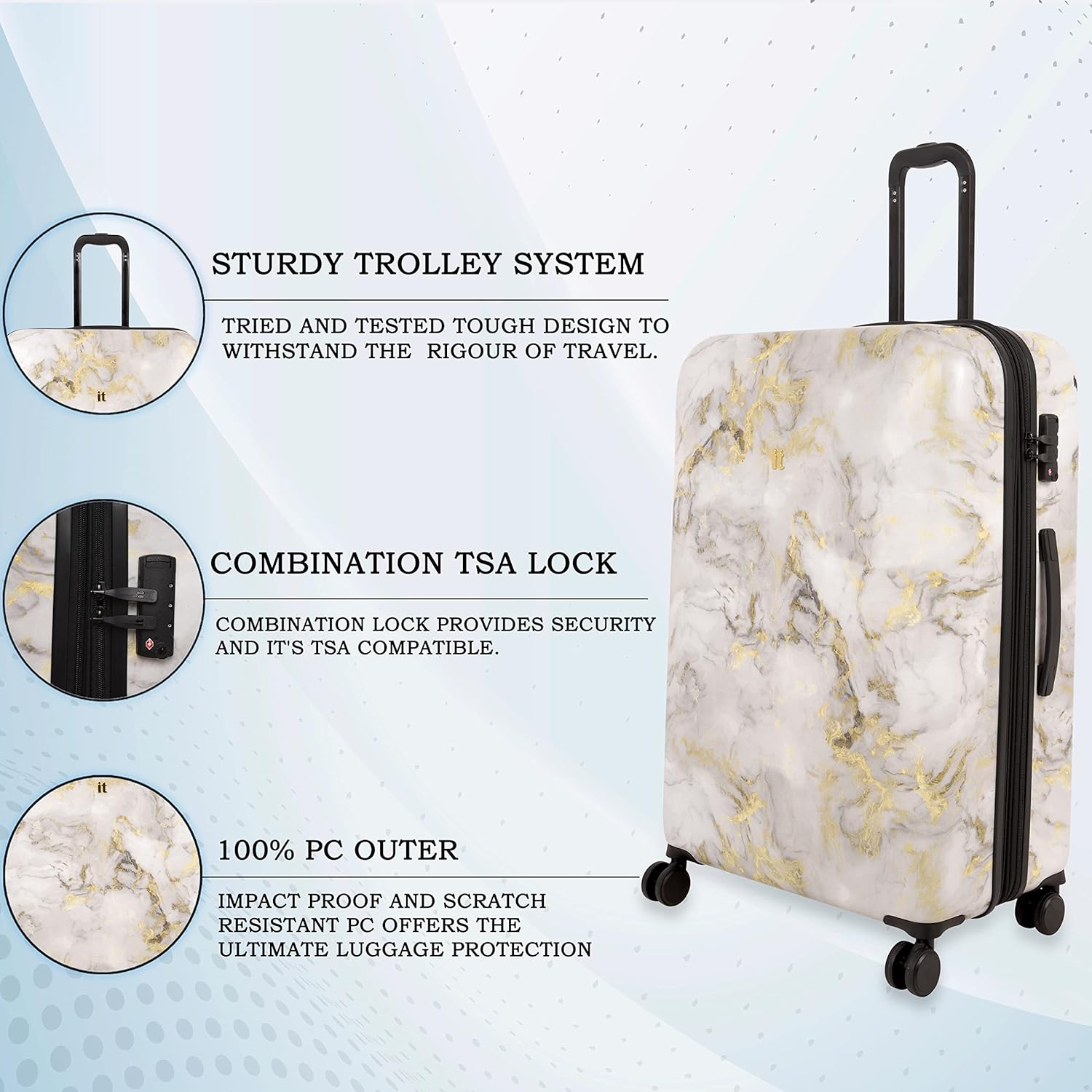 it luggage Sheen -Gold Grey Scale-Marble Effect Set of 3-Large,Medium & Cabin-28,24 &20 inches Expandable Polycarbonate Hardsided Suitcase Travel Bag 8 Wheel Trolley-54cm,70cm,80cm