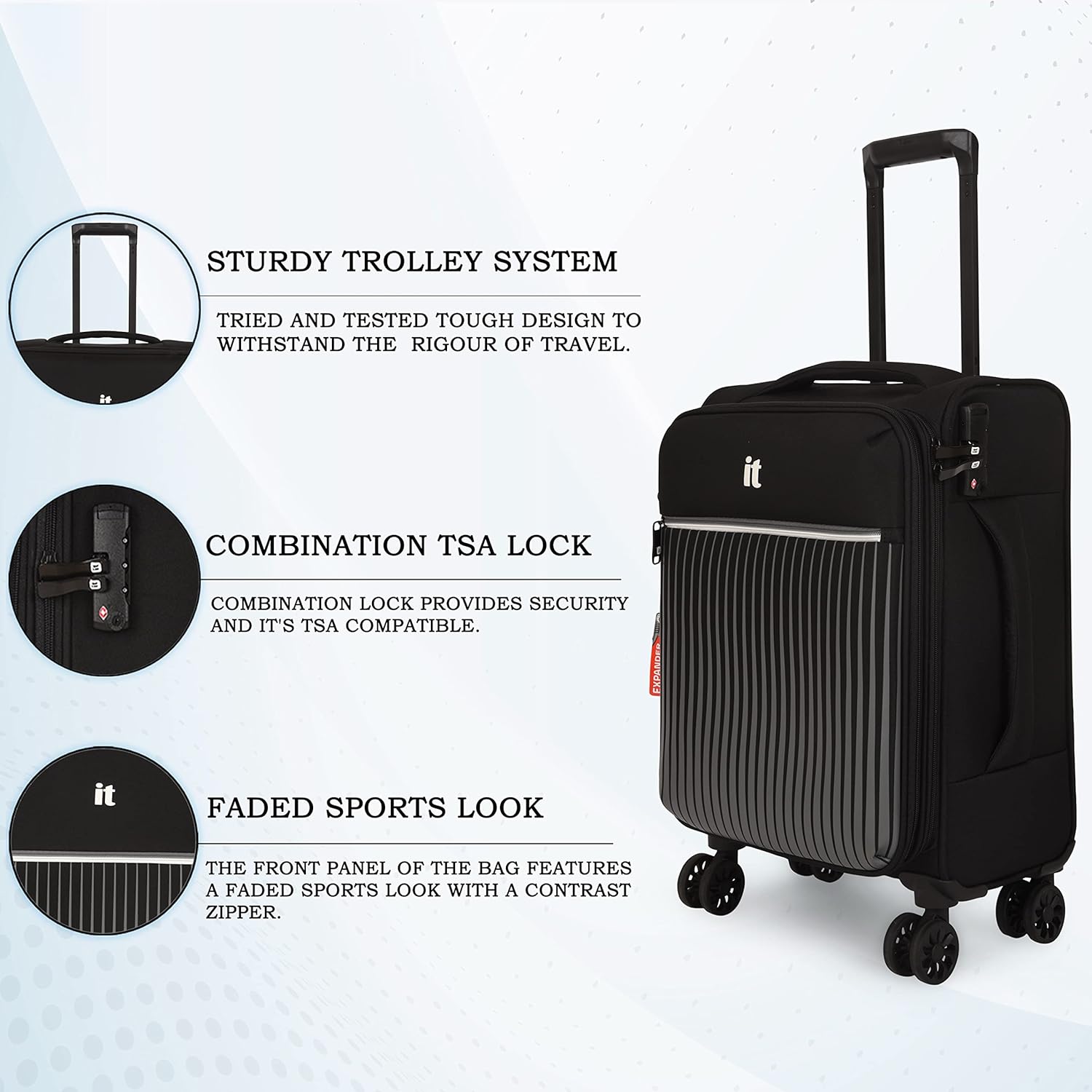 it luggage The Lite- Black -Cabin-20 inches Expandable Softsided with TSA Lock 8 Wheel Trolley Bag