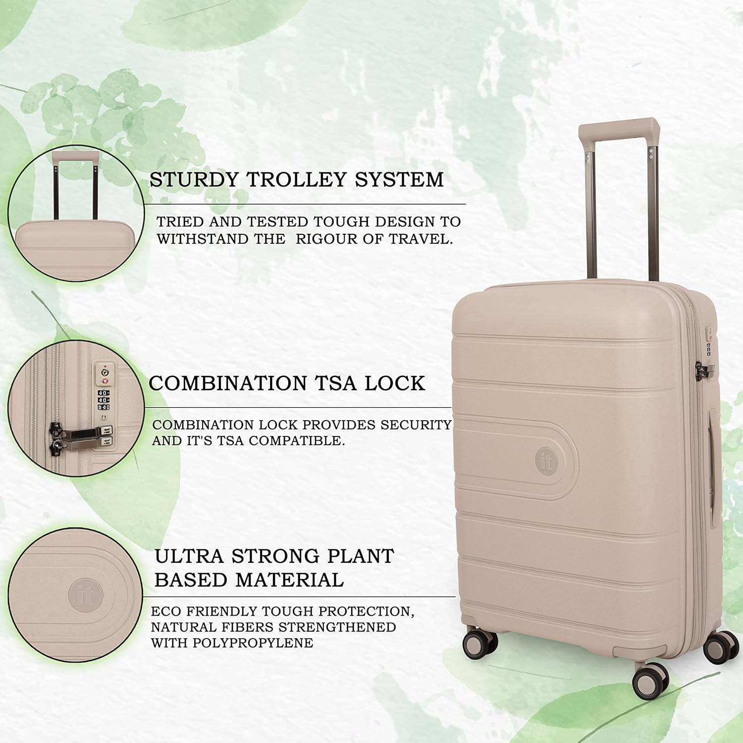 it luggage Eco Tough Beige Medium-24 inches Expandable Eco-Friendly Polypropylene Hardsided with TSA Lock & Wet Pouch Inside 8 Wheel Trolley Bag