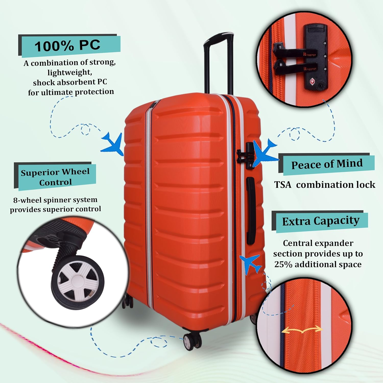 it luggage Intertide Red Set of 3-Large, Medium & Cabin-28, 24 &20 inches Expandable Polycarbonate Hard Case Carry on Luggage TSA Lock 8 Wheel Trolley Bag Water Proof Interior Pocket