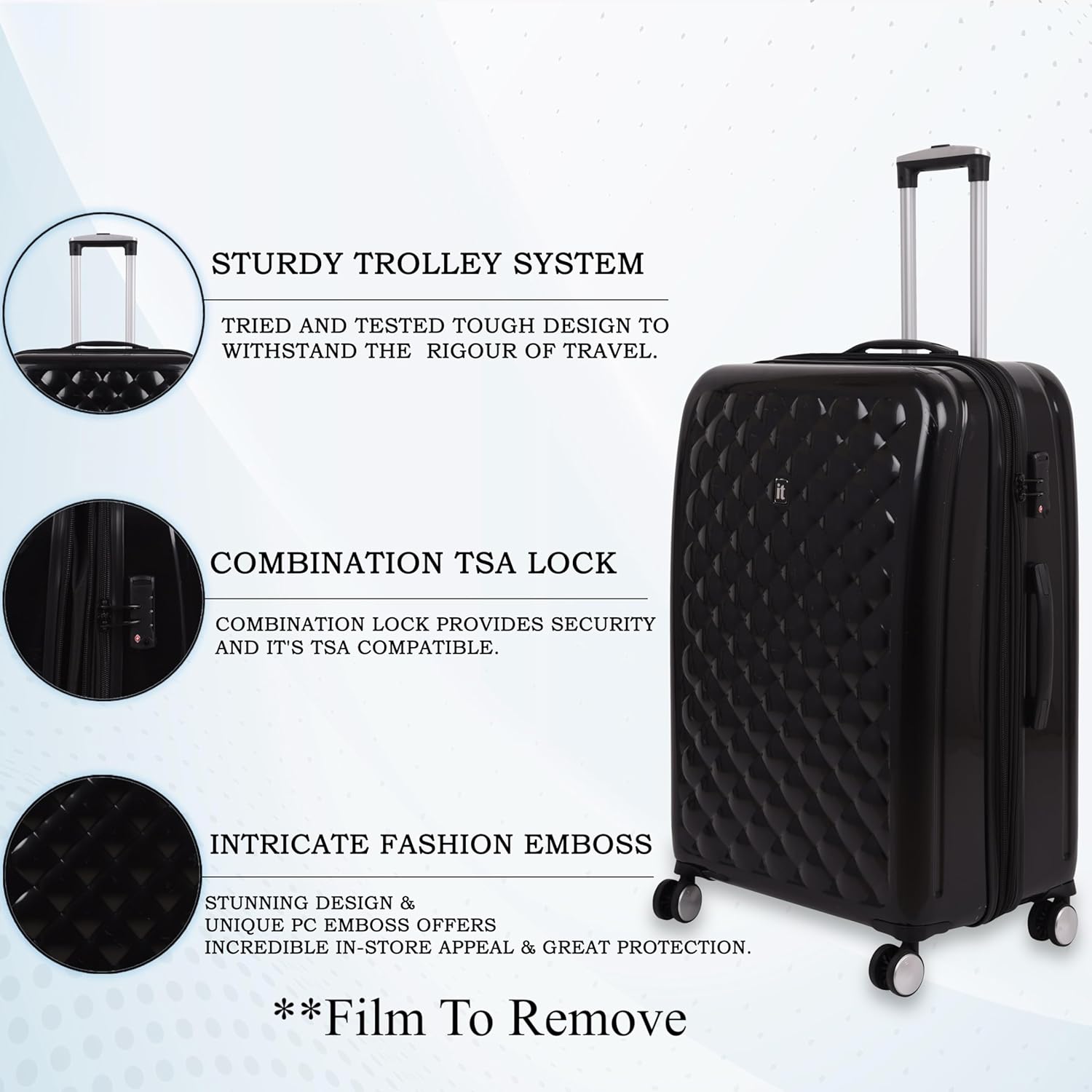 it luggage Fashionista Glossy Black Set of 2- Large & Cabin-28 & 20 inches Expandable PC Hardsided with TSA Lock 8 Wheel Trolley Bag