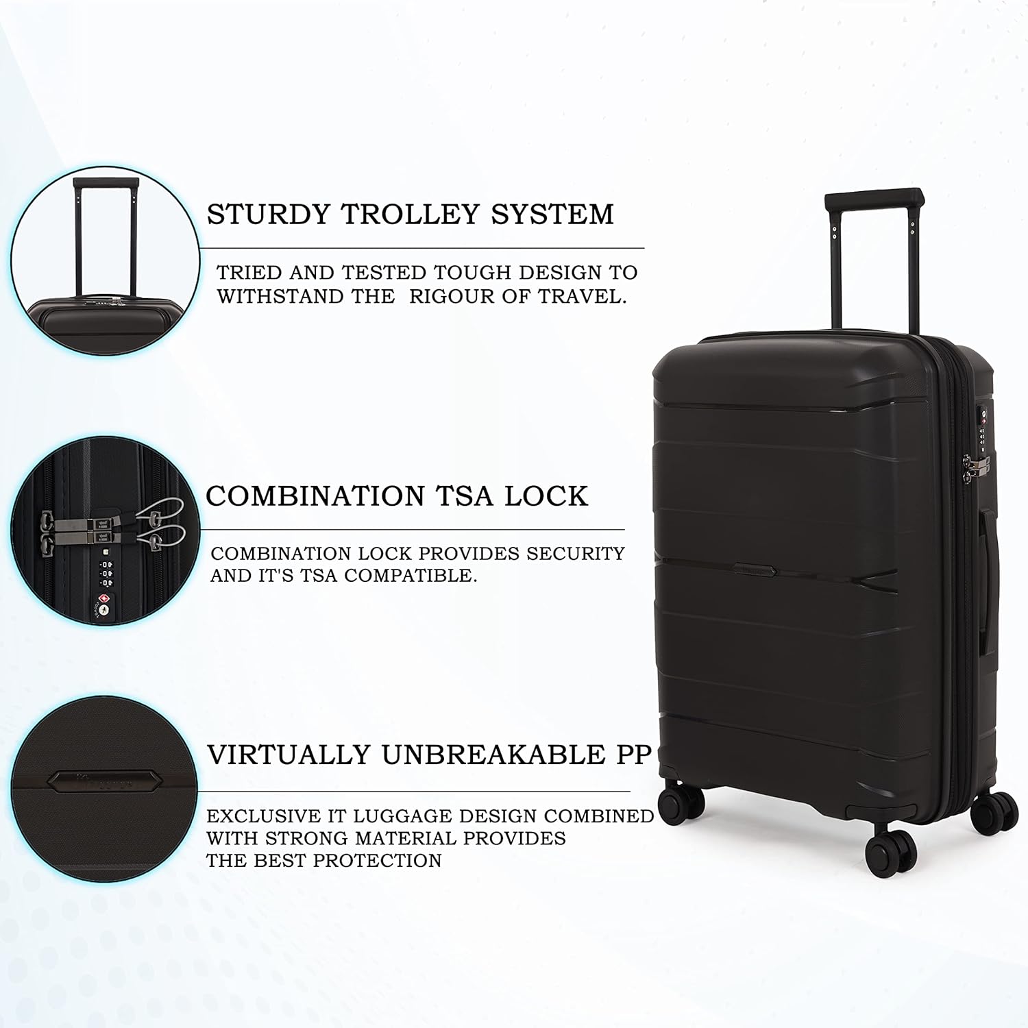 it luggage Momentous Black Set of 3-20,24,28 inches Cabin with Padded Laptop Section, Medium & Large Expandable Polypropylene with TSA Lock & Wet Pouch Inside 8 Wheel Trolley Bag