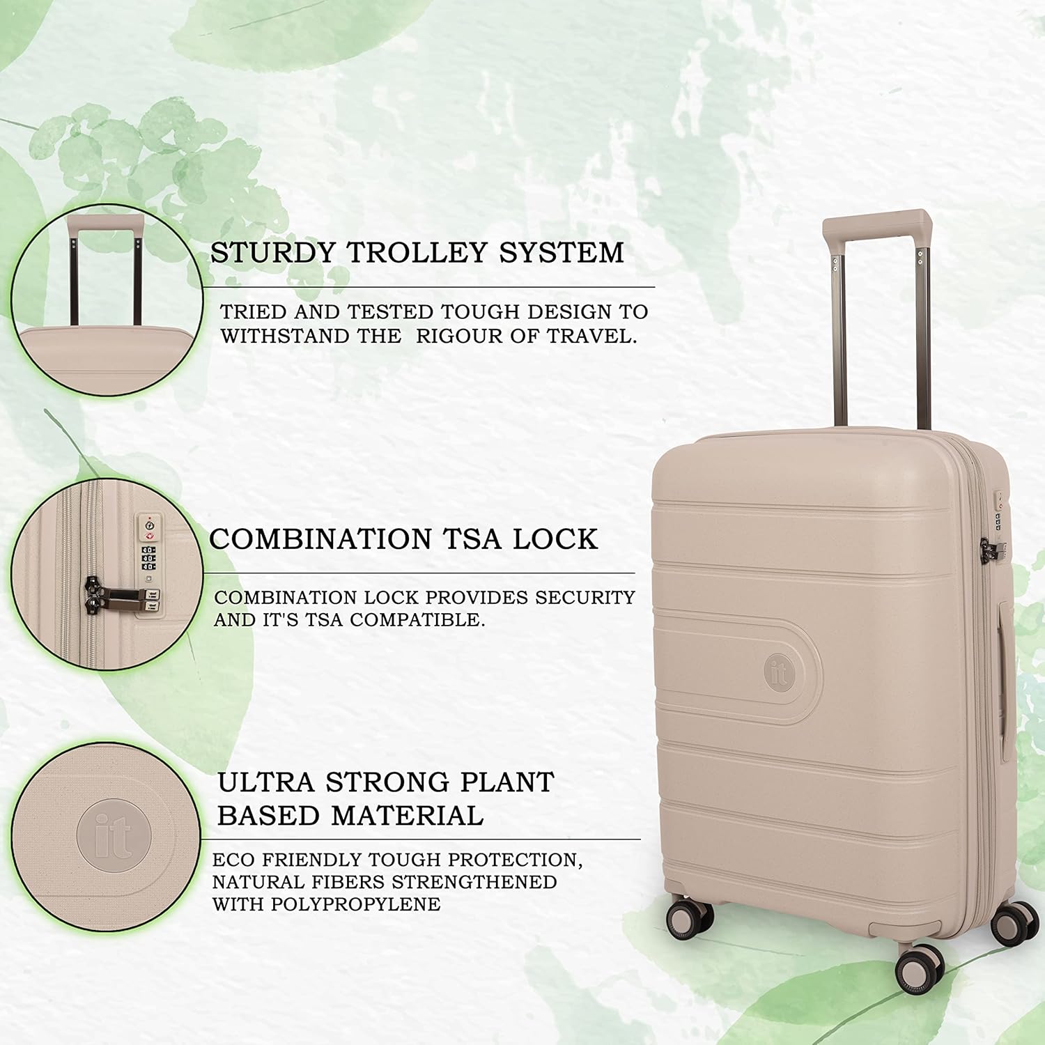 it luggage Eco Tough Beige Cabin-20 inches Expandable Eco-Friendly Polypropylene Hardsided with TSA Lock & Wet Pouch Inside 8 Wheel Trolley Bag