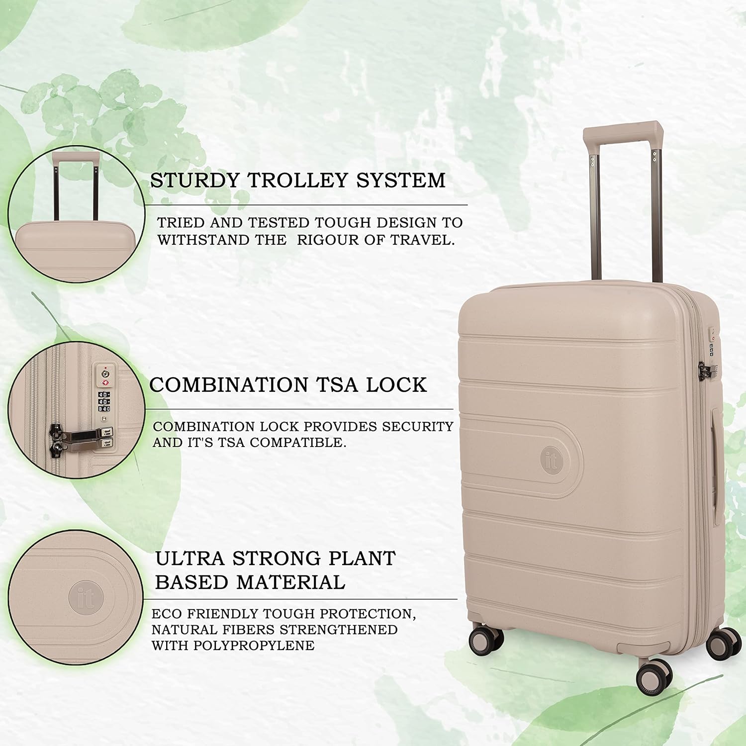 it luggage Eco Tough Beige Large-28 inches Expandable Eco-Friendly Polypropylene Hardsided with TSA Lock & Wet Pouch Inside 8 Wheel Trolley Bag