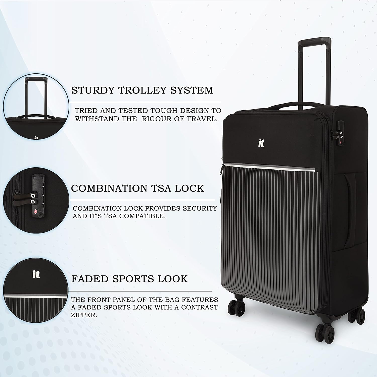 it luggage The Lite- Black- Set of 2- Medium & Cabin-24 & 20 inches Expandable Softsided with TSA Lock 8 Wheel Trolley Bag