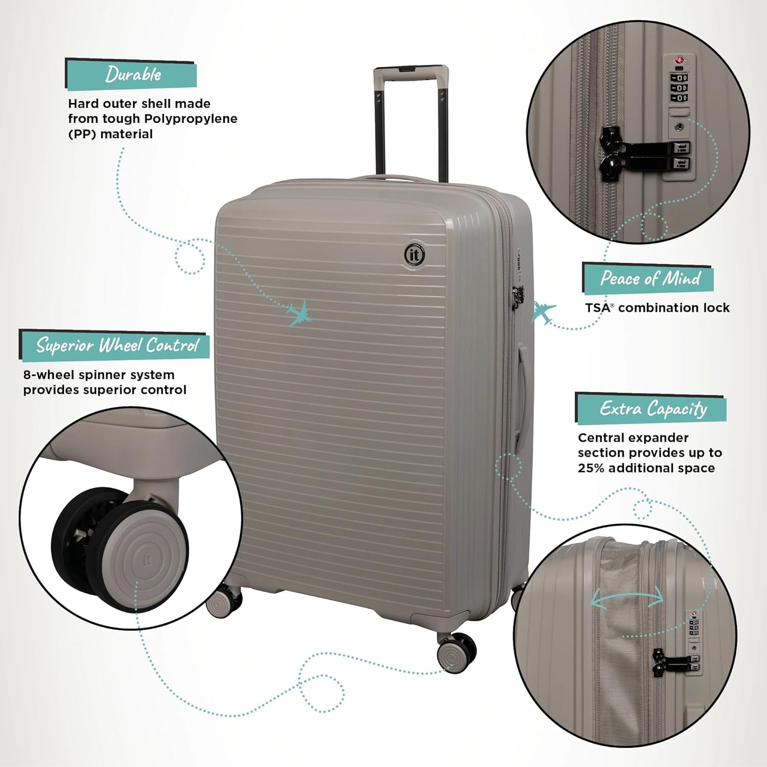 it luggage Spontaneous Feather Grey Set of 3-Large, Medium & Cabin-20,24,28 inches Expandable Anti-Theft Zipper Polypropylene Hardsided with TSA Lock 8 Wheel Trolley Bag