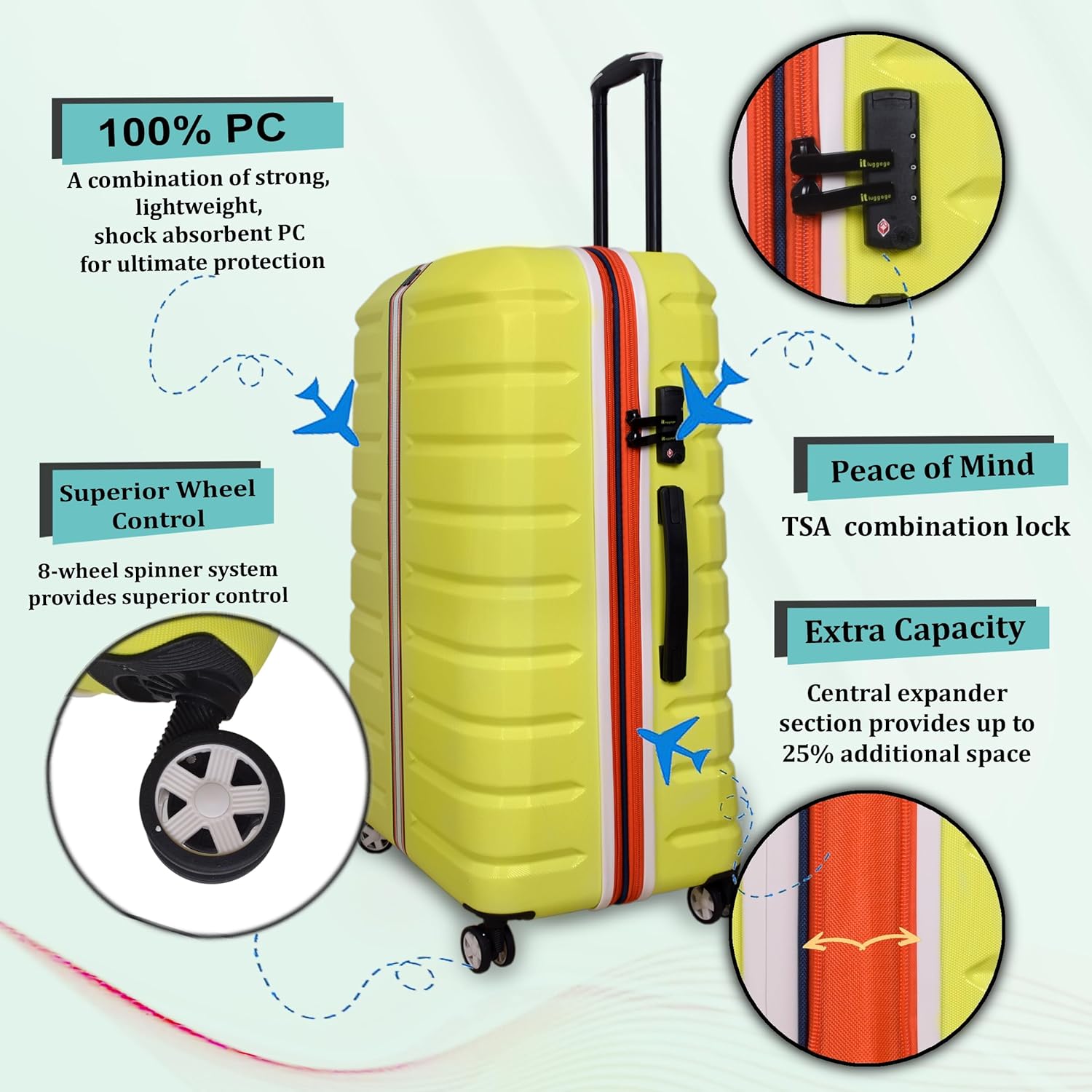 it luggage Intertide Lime Green Medium-24 inches Expandable Polycarbonate Hard Case Check-in Luggage TSA Lock 8 Wheel Trolley Bag Water Proof Interior Pocket