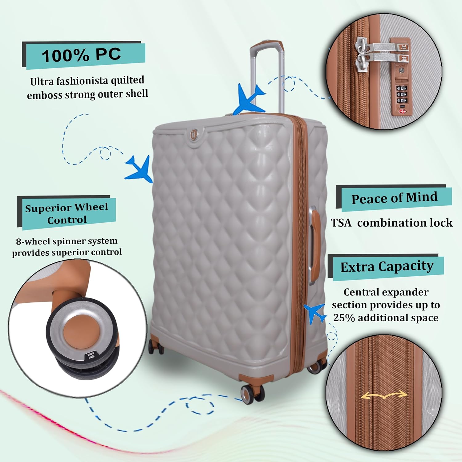 it luggage Indulging Light Grey-Set of 3-Large,Medium & Cabin-28,24,20 inches Expandable Cabin with Padded Laptop Section Hard Case 8 Wheel Trolley Bag